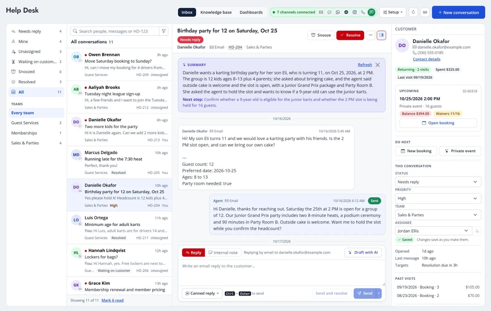 Unified inbox with views and teams, an open party inquiry with an AI summary, and the guest's upcoming booking with balance and waivers beside it